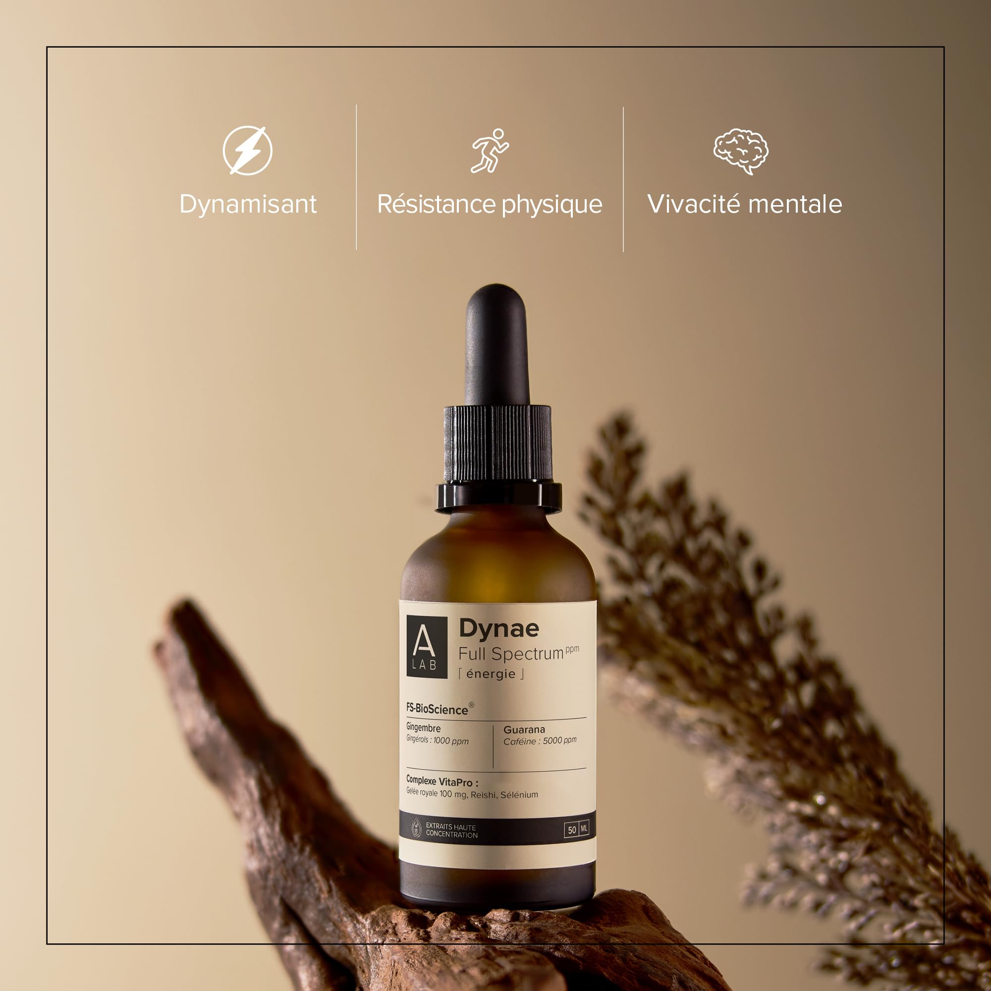 A-Lab DYNAE Full Spectrum - Booster Energie Physique & Mentale - Gingembre, Guarana, Gelee Royale, Reishi, Selenium - Format Liquide - 2ml Par Jour