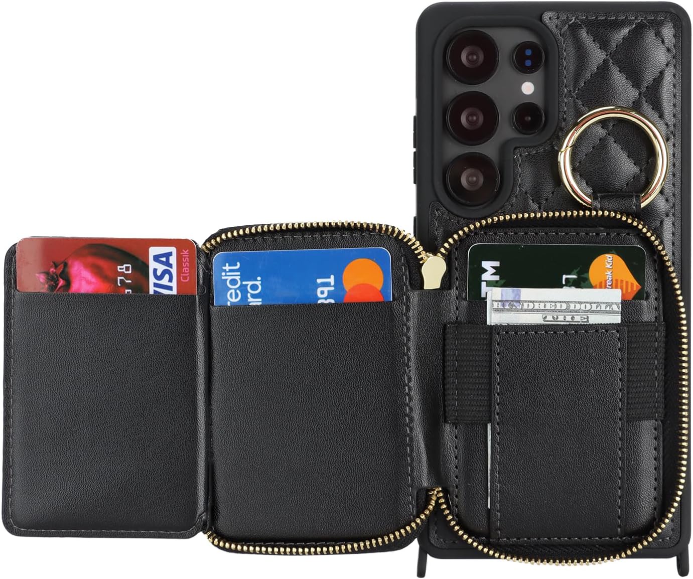 Crossbody Wallet Case for Galaxy S25 Ultra, PU Leather Zipper Handbag Purse Flip Cover, Kickstand Folio Case with Card Slots Holder Wrist Strap Lanyard -Black