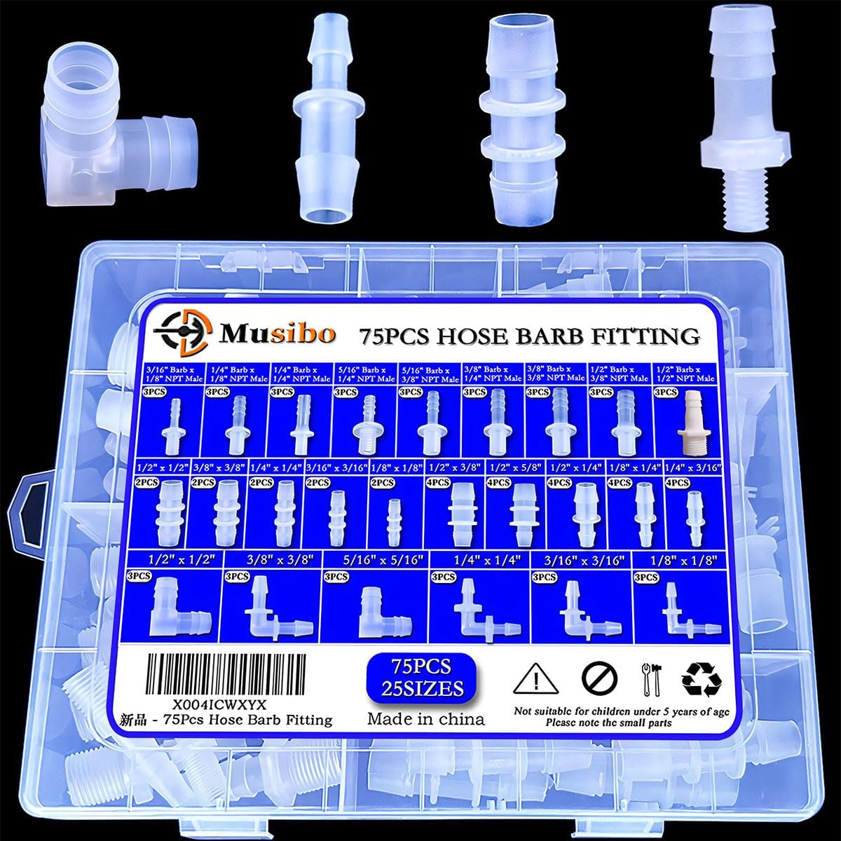 75 Pcs 25-Size Plastic Hose Barb Fittings Assortment, Barb + NPT Male Thread Adapter Fittings, 90 Degree Elbow L Fitting, Barb Reducer, Plastic Joint Splicer and Union Adapters for Fuel, Gas, Liquid.