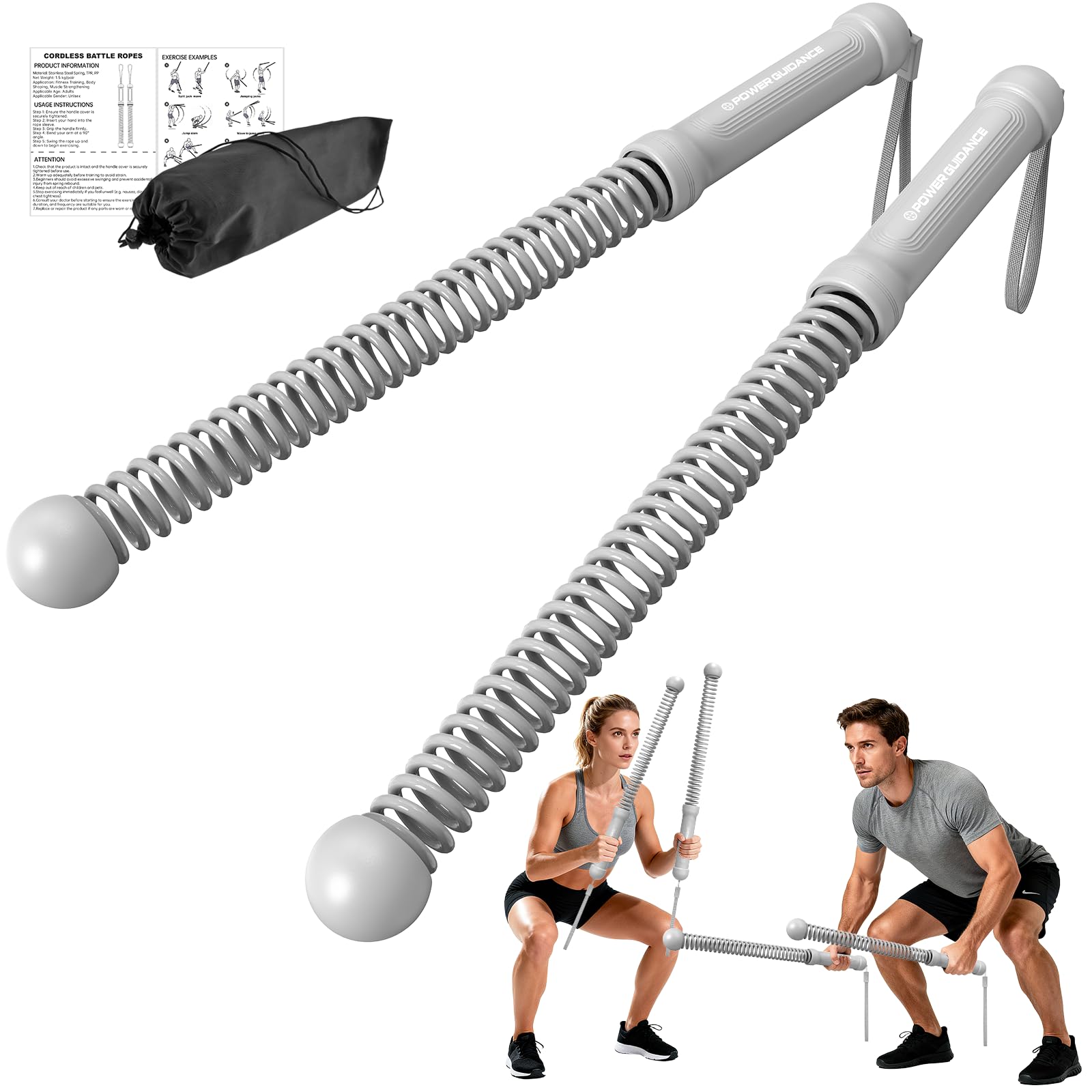 POWER GUIDENCE 2pcs Ropeless Battle Ropes for Home Gym, Portable Battle Ropes for HIIT Workouts, Small Space, Travel & Apartment Training Equipment