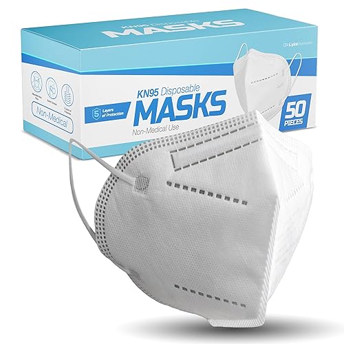 Mascarillas KN95 – Paquete de 50 – Máscara facial transpirable de protección de 5 capas – Filtración > 95% con cómoda cinta elástica para las orejas