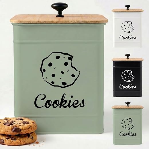 Cookie Jar with Airtight Lid - 1 Gallon - 6"D x 8"H Green Iron Cookie Tin with Bamboo Lid - Large Cookie Jars with Lids Airtight - Farmhouse Cookie Jars for Kitchen Counter Decorative - Cookies Jar