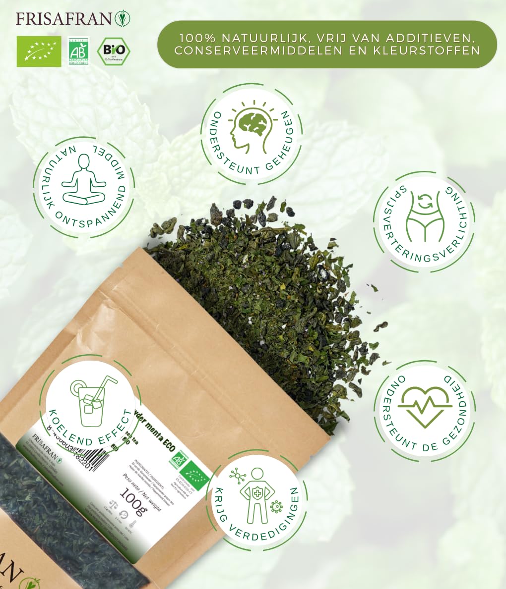 FRISAFRAN | Organiczna miętowa zielona herbata Gunpowder luzem 100 g | przeciwutleniacz | japońska zielona herbata | trawienie | zdrowy | orzeźwiający napój | napar z mięty | czysta herbata | liście