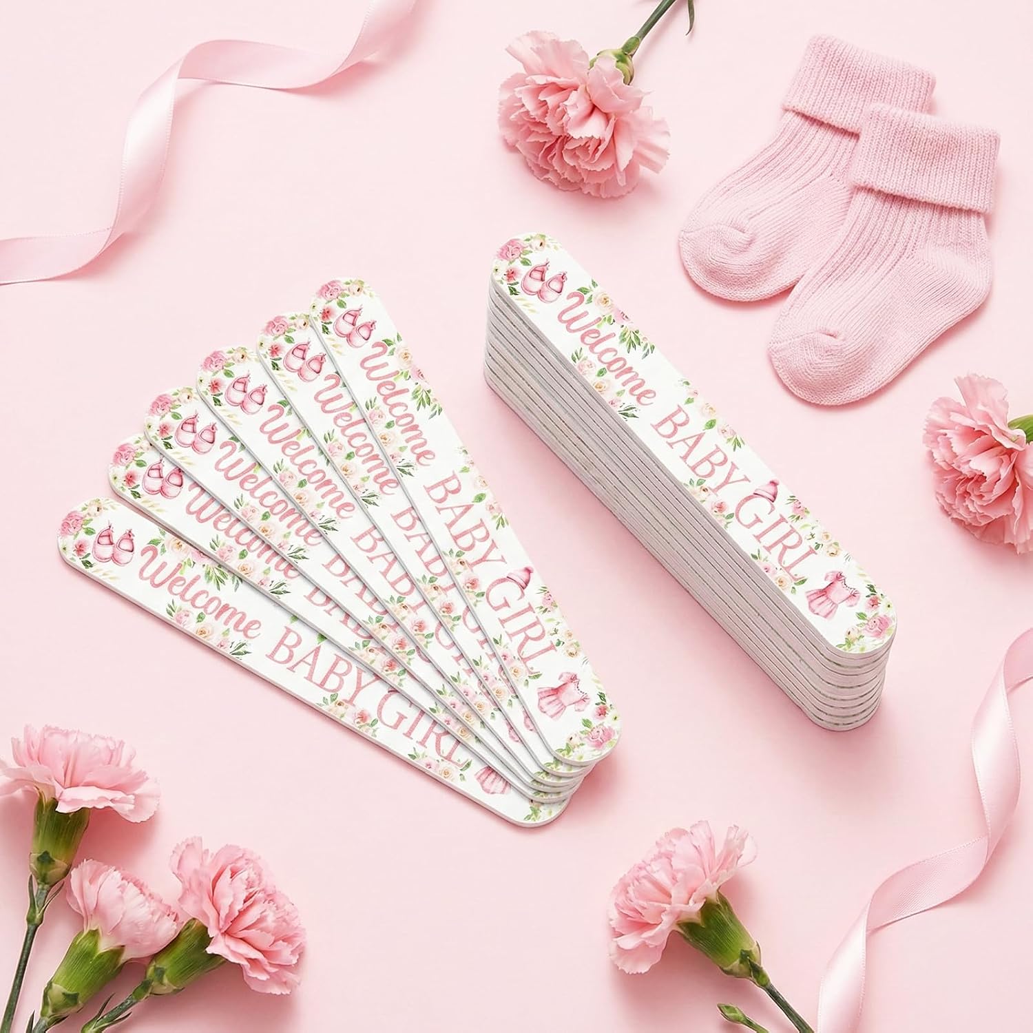 50pcs Nail Files Bulk for Baby Shower Pink Welcome Baby Girl Emery Boards File Set for Fingernails Tool Salon Use Double-Sided Baby Shower Gender Reveal Gifts for Women Girls Guests