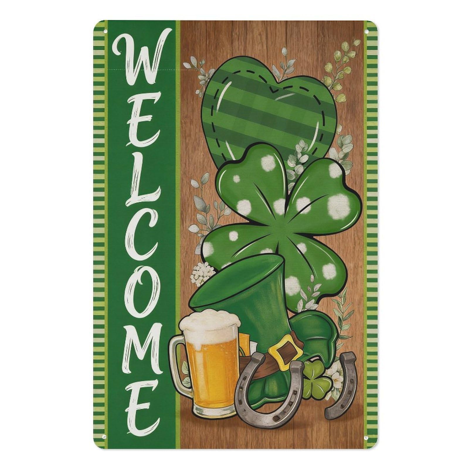 peiyeety Vintage Welcome Metal Tin Sign 8x12 Inch – St Patrick’s Day Shamrock Heart Horseshoe Design Wall Decor Plaque for Home Bar Pub Party Indoor Outdoor