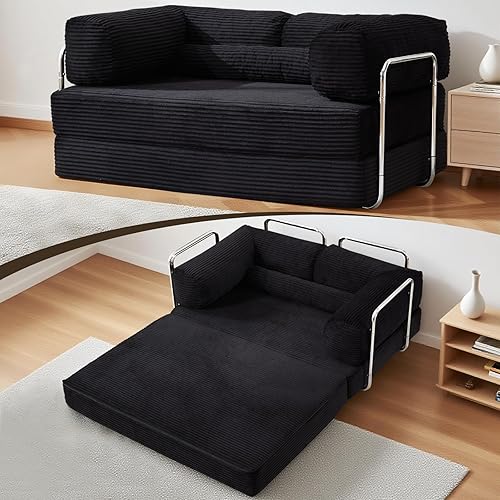 Folding Sofa Bed Convertable Corduroy Couch, Convertible Sofa with Fixed-Shape Frame, Modular Sectional for Living Room, No Assembly Compression Foldable Sleeper (Black)