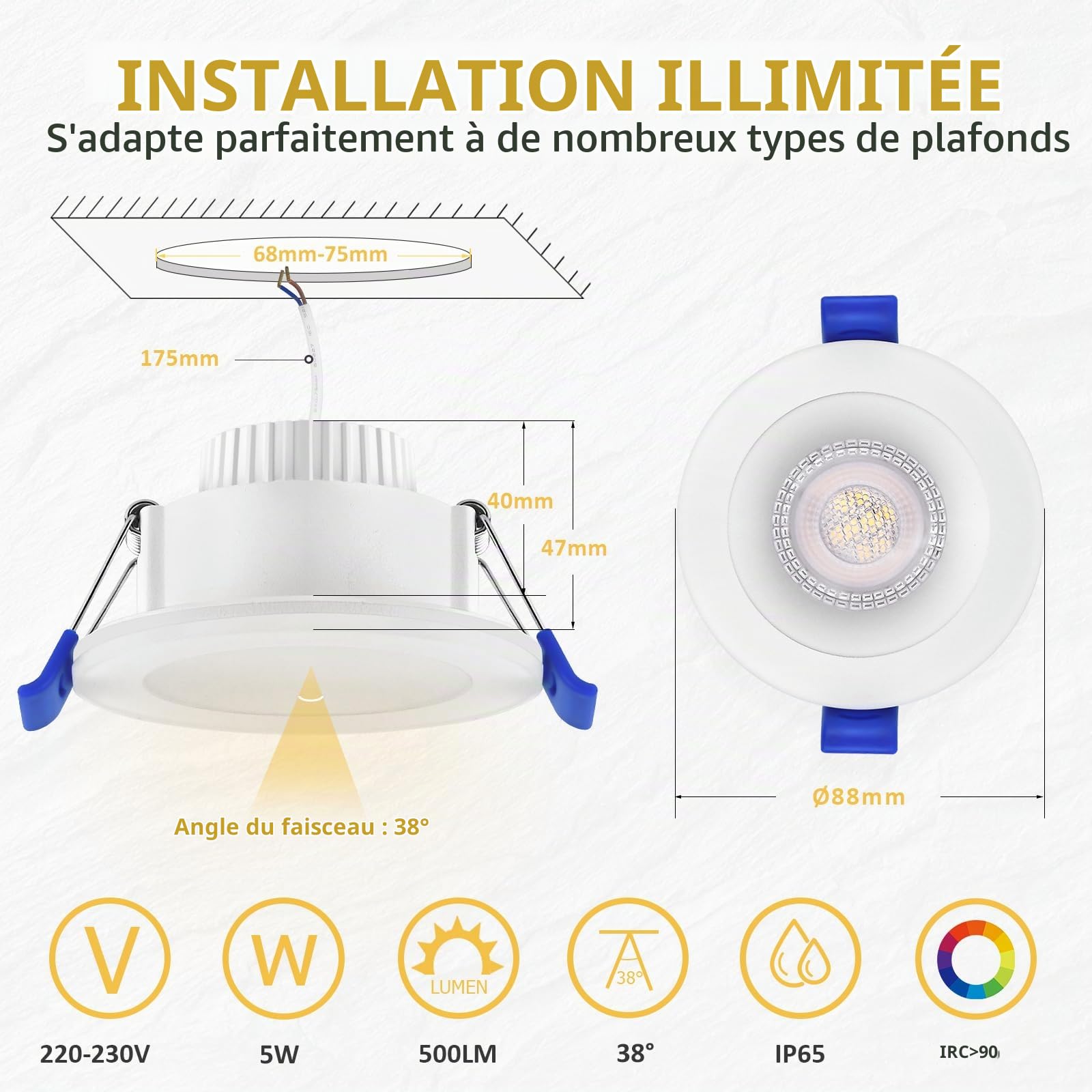 Spot LED Encastrable 230V 4000K IP65 Spot Salle de Bain 68-75mm 6PCS Blanc