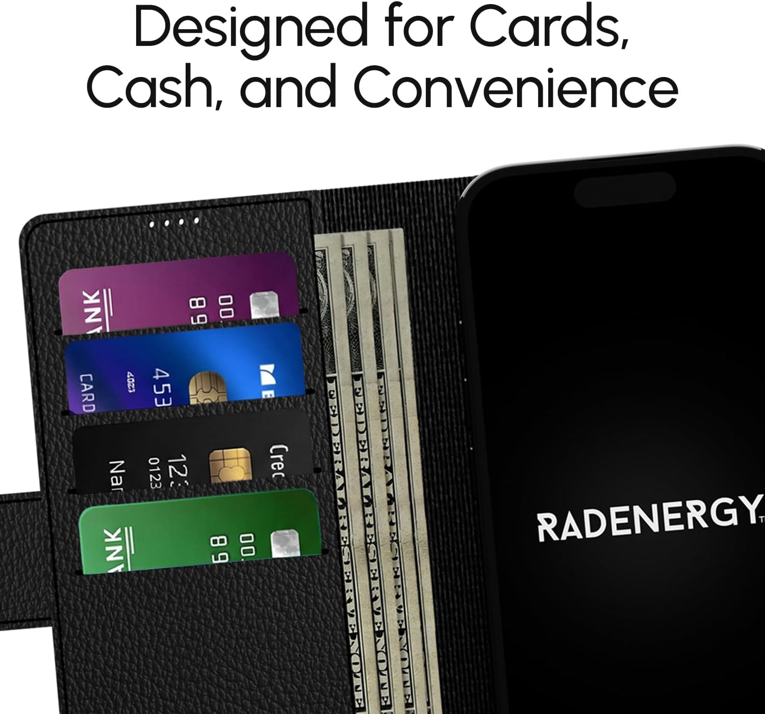 EMF Blocking Leather Phone Wallet Case for Universal Large-Sized Phones, 99% Anti-Radiation Protection, RFID, EMF Cell Cover, Magnetic Plate, Card Holder & Stand, for Men & Women, Black