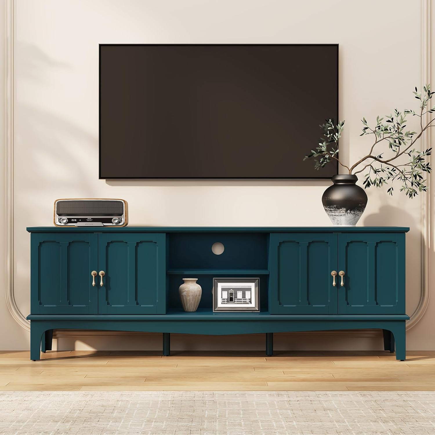 ARTPOWER 67“ Vintage TV Stand for TVs up to 75”, Modern Entertainment Center with Door Cabinets and Open Shelves,TV Console with Storage,Green Media Cabinet for Living Room,Bedroom