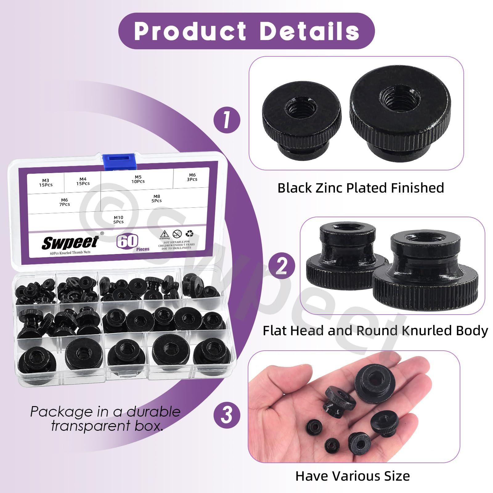 Swpeet 60Pcs 6 Sizes M3 M4 M5 M6 M8 M10 Black Zinc Carbon Steel High