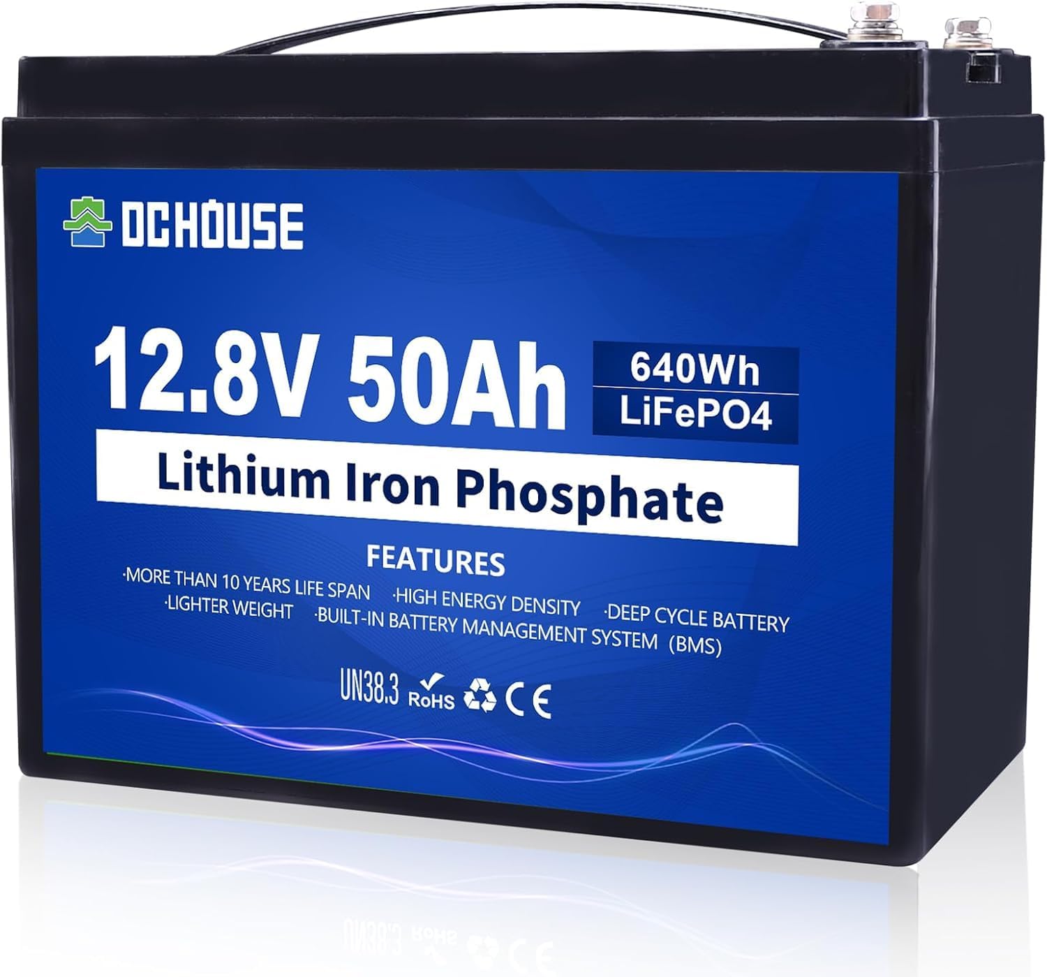 DCHOUSE 12.8V 50Ah LiFePO4 Battery, Built-in 50A BMS & 4000-15000 Deep Cycles, Lightweight Marine Battery for Trolling Motor, Fish Finder, Amateur Radio, Mobility Scooter