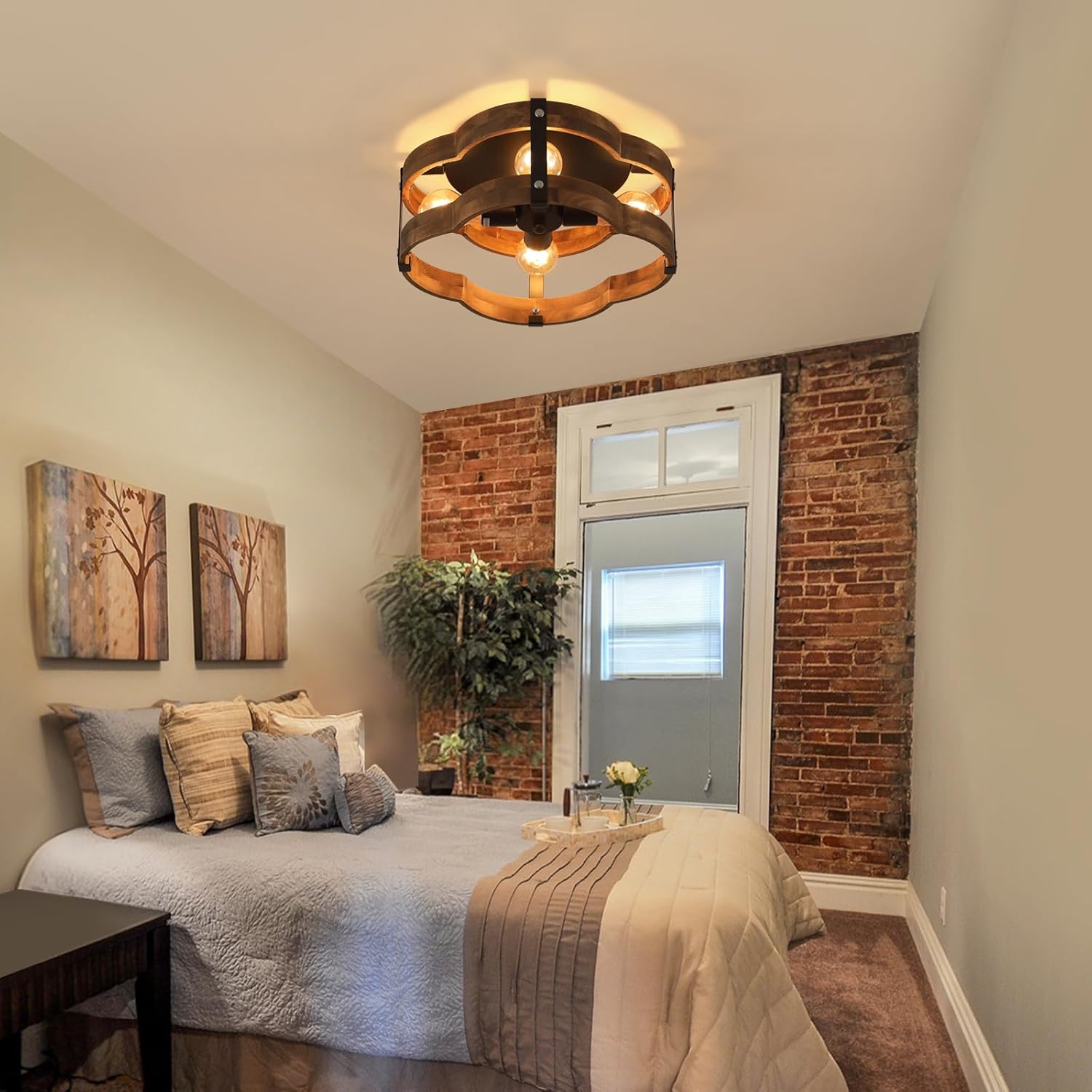 4-Light Rustic Farmhouse Wood Flush Mount Ceiling Light Fixture 14.17 inch Oak Wood and Metal Cloud Cage Semi Flush Mount Ceiling Light for Hallway Hall Entry Bedroom Farmhouse Indoor, Black