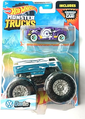 DieCast Hot Wheels Monster Trucks Volkswagens Drag Bus, camión a escala 1:64 con coche aplastado