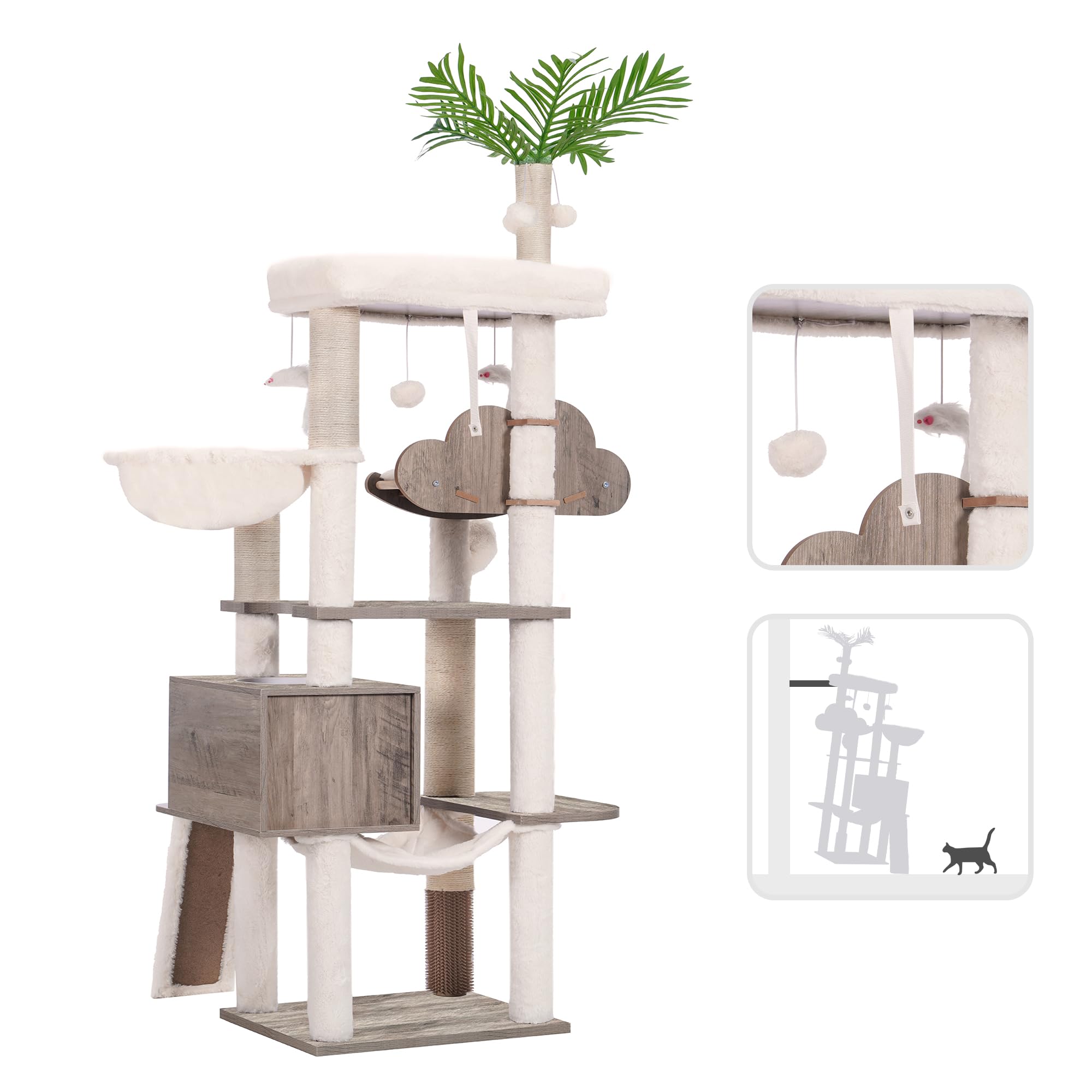 Heybly Albero per Gatti, Alto 156 cm Tiragraffi per Gatti Moderno, con 5 Pali Graffiatoi, 2 Posatoi, 1 Grotta, 1 Cesto, 1 Amaca, 3 Pompon, in Peluche a Più Livelli, Greige HCT120SG