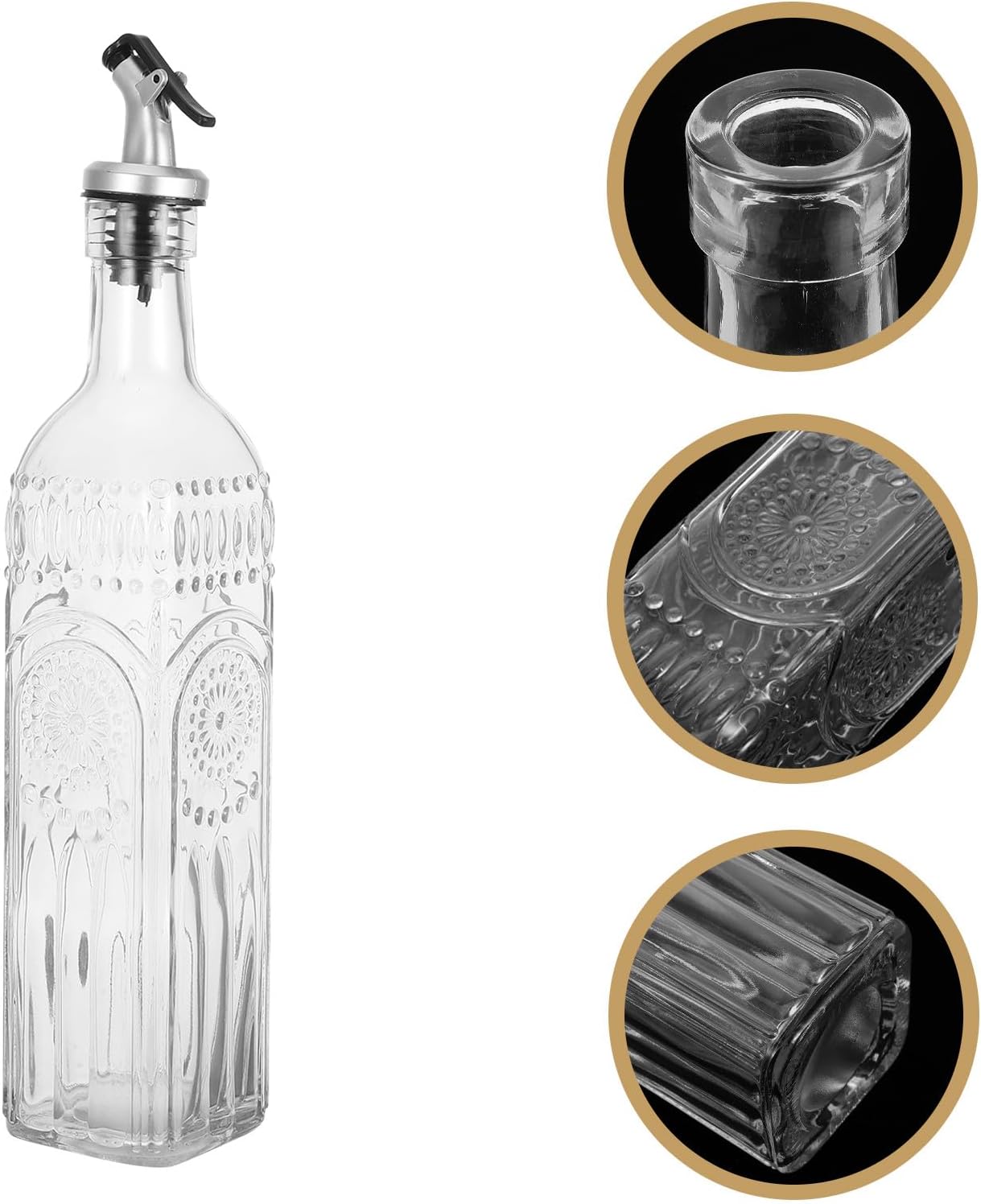 SOLUSTRE Glass Oil Dispenser Bottle with Non-drip Spout 500ml Square Floral Carved Glass Oil and Vinegar Sprayer for Kitchen Cooking and Salad Use