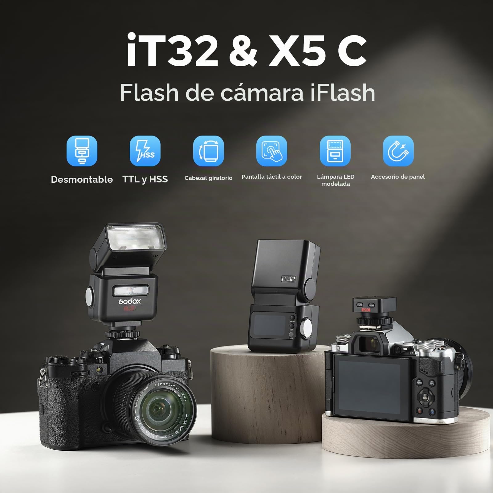 Godox iT32 con X5-C Kit de Flash para Cámara Canon, Pantalla Táctil | Diseño Desmontable de Zapata Caliente Magnética/Disparador con TTL y HSS, Sincronización Multi-Flash 2.4G, Batería Integrada