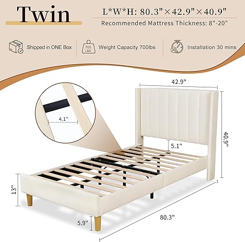 Miniatura 2 de QNZK Base de cama tapizada con cabecero y listones de madera fuertes, no necesita somier, pie de madera silencioso fácil de montar (crema,