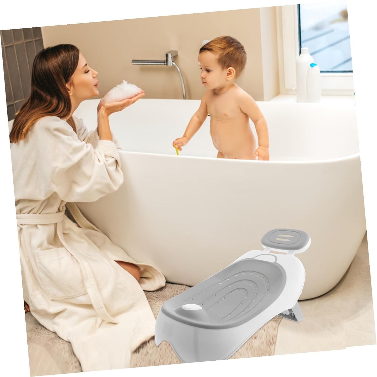 Adjustable Bath Seat for Boy Girl and Nonslip Bathtub Accessory with Fit for Double Sinks and Tubs Multifunctional Bath Bed and Stool