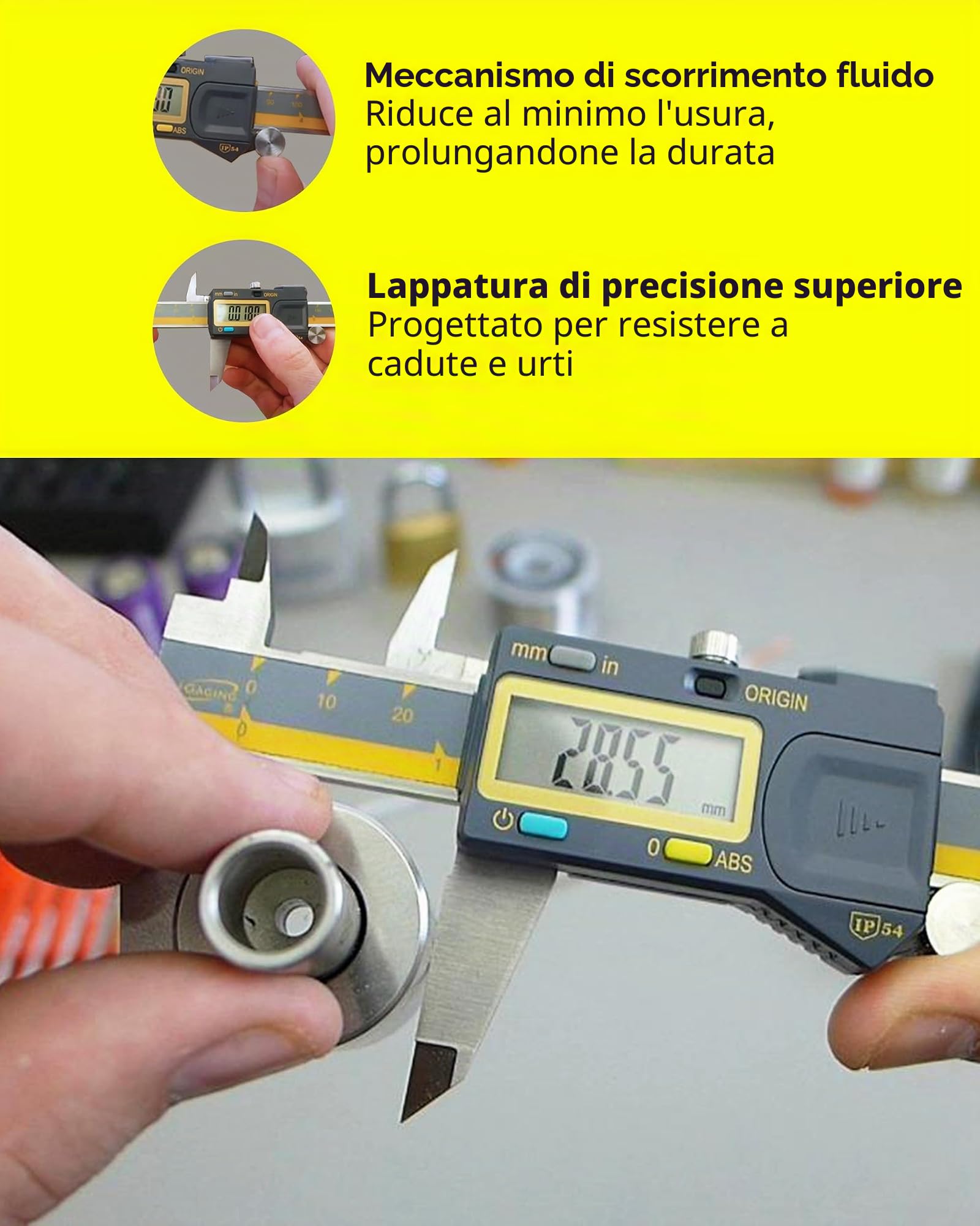 iGAGING Absolute Origin - Calibro digitale 0-6", acciaio inossidabile IP54, porta di uscita SPC/USB, lettura frazioni, base profonda, custodia, manuale, batteria