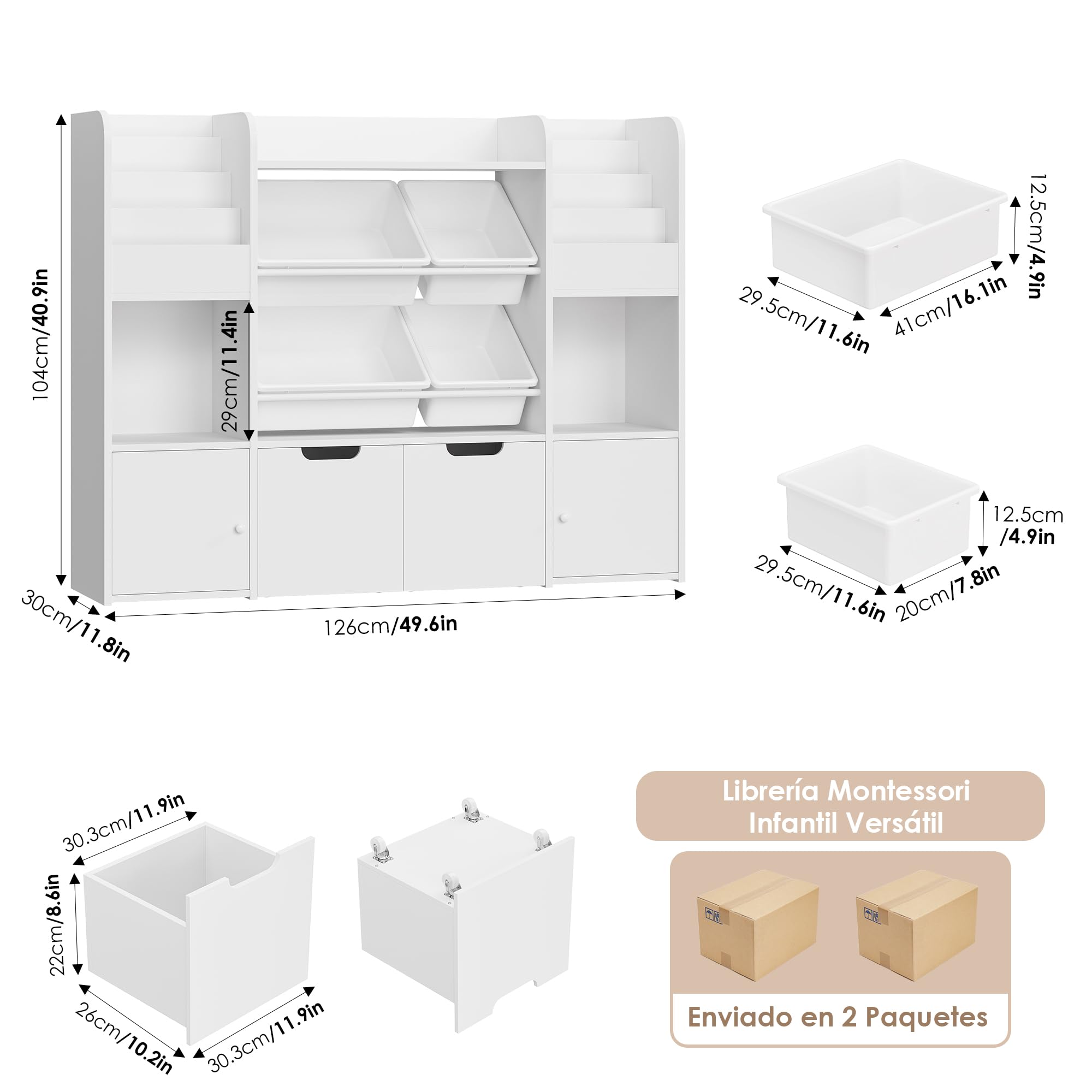 FOREHILL 126cmAn. Estantería Montessori, Librería Infantil de 8 Niveles | Mueble Almacenaje Juguetes 4 Compartimentos, Mueble Juguetes Organizador 2 Cajones con Ruedas, Blanco 126x30x104cm