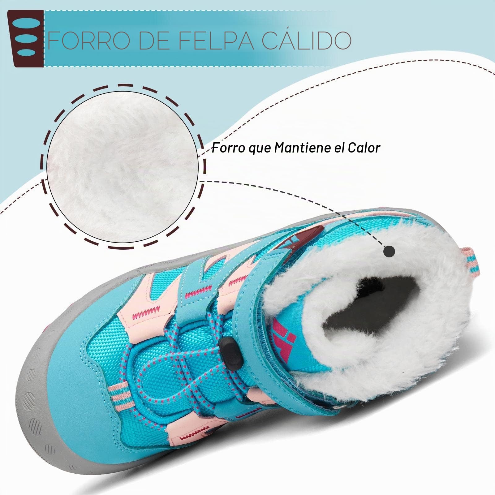 Mishansha Botas de Nieve Niño Botas Antideslizantes, Turquesa 35 | Forro cálido, cierre de autollenado, puntera reforzada, suela con dibujo, colegio, paseos, nieve