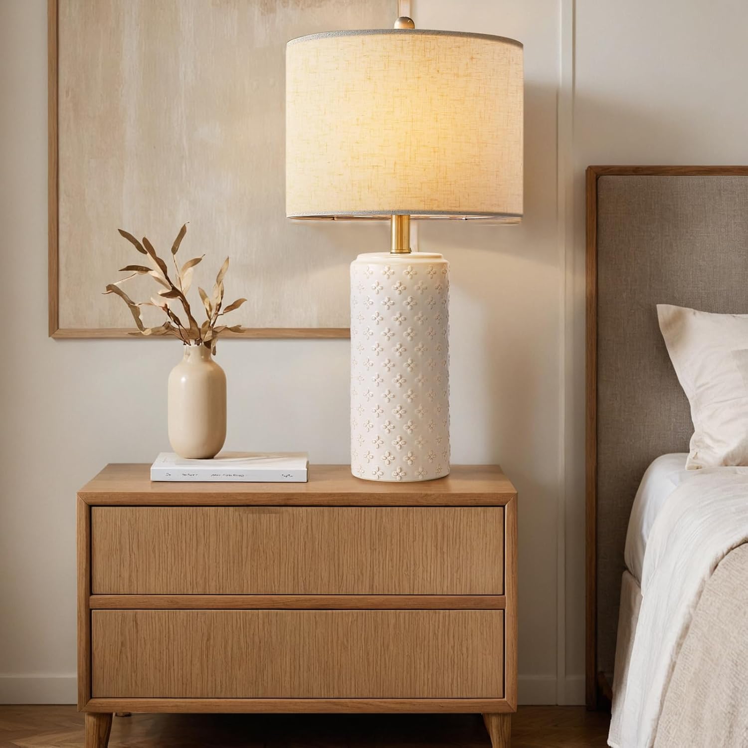 23" ceramic table lamp set of 2, 3-way dimmable ceramic table lamp for bedroom farmhouse bedside, modern white desk lamps office reading lamp for living room, desk, end table lamps, led bulb four-leaf clover