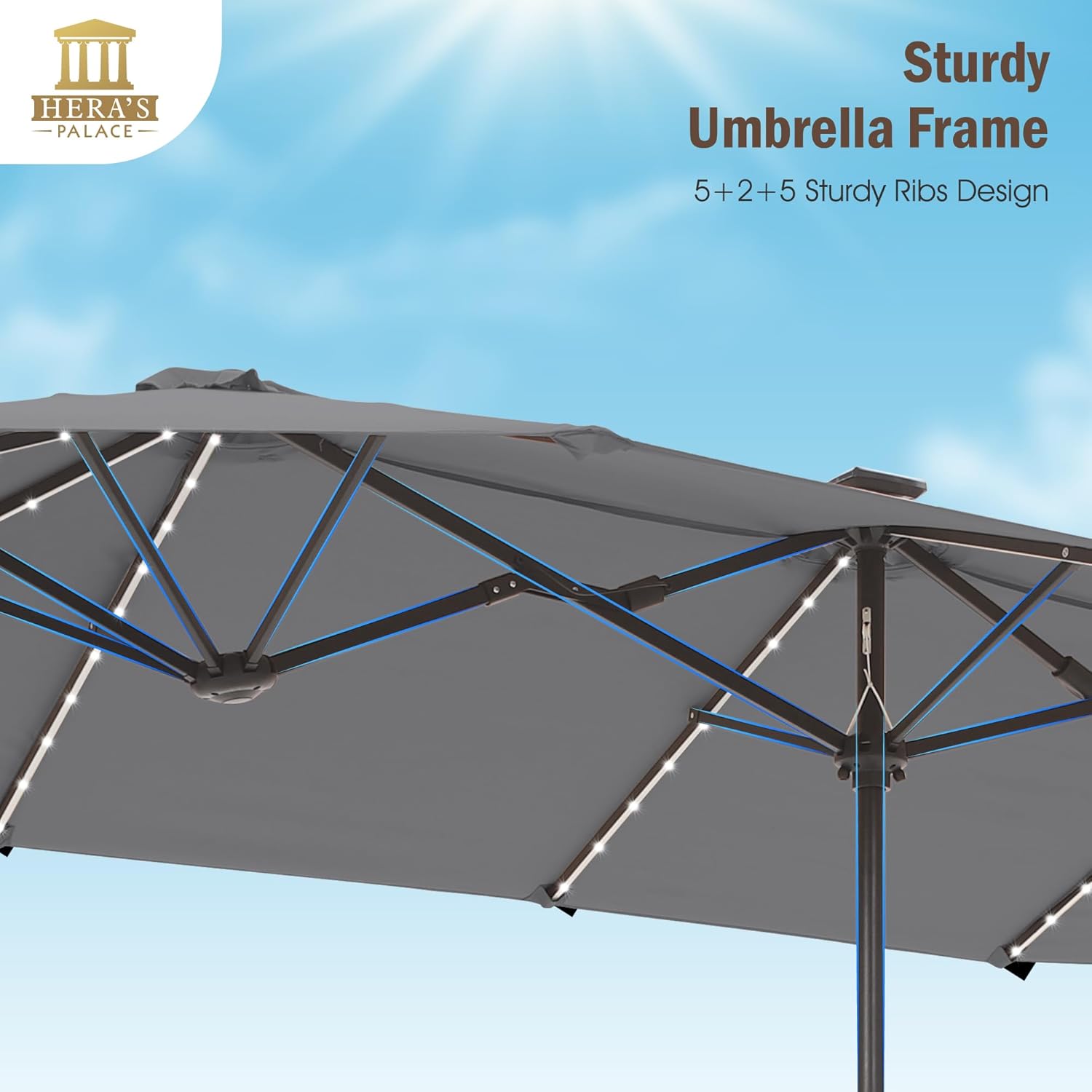 HERA'S PALACE 13ft Patio Umbrella with 120 LED Solar Lights Double Sided Outdoor Umbrella for Patio 8 Colors Changing Table Umbrella Outdoor Patio for Garden Pool
