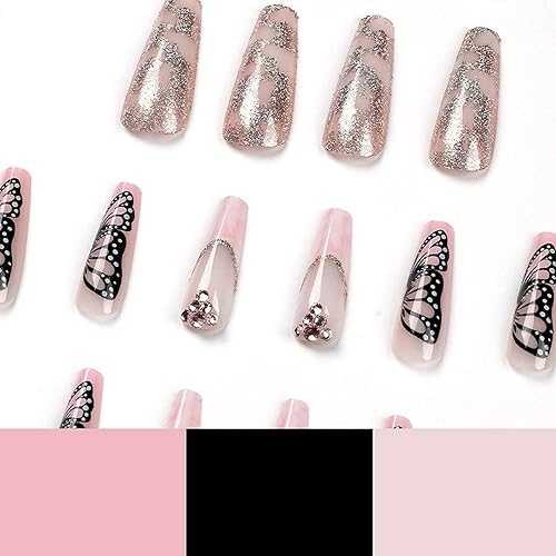 Miniatura 10 de Uñas postizas cuadradas a presión, color azul degradado con diseño de purpurina dorada, cubierta acrílica, uñas adhesivas para mujeres y niñas