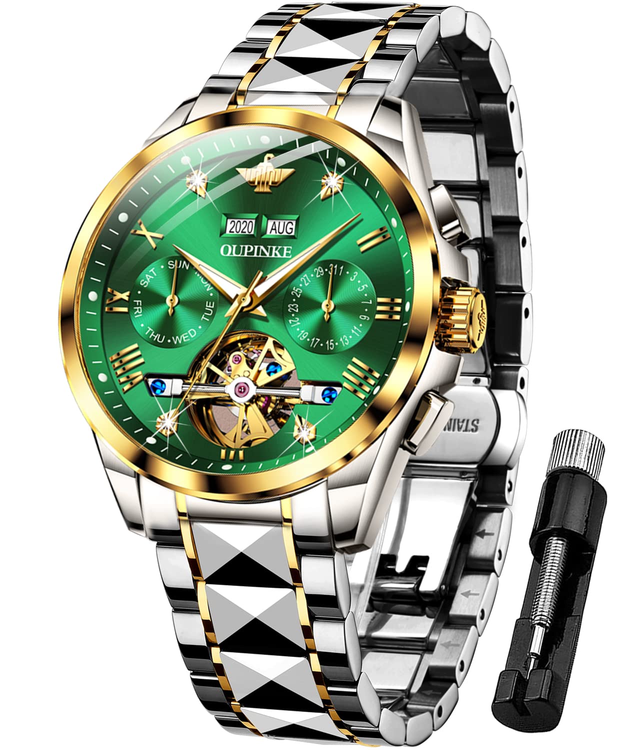 OUPINKE Herrenuhren Automatik Skelett Mechanische Armbanduhr mit Diamanten Tourbillon Wasserdicht Luminous Tag Datum Schwarz Edelstahlarmband