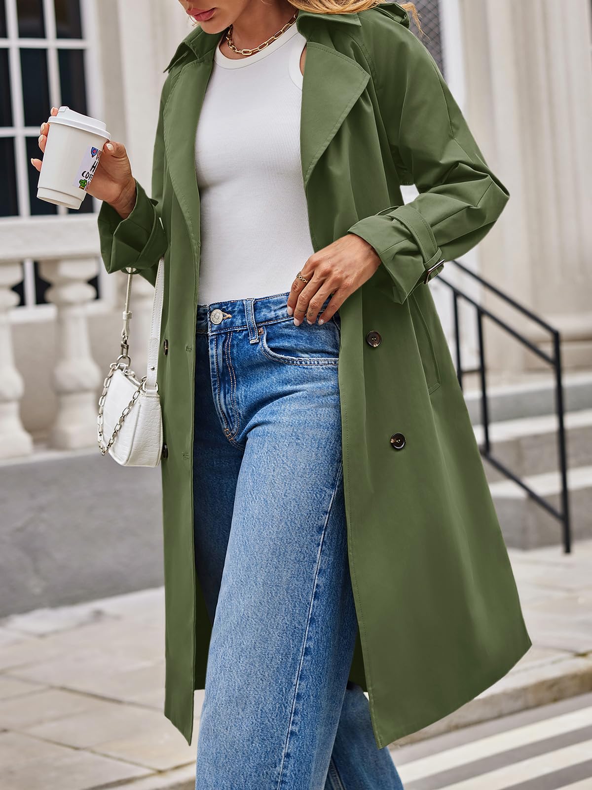 Tankaneo Langer Damen-Trenchcoat, zweireihig, Revers, leicht, übergroß, winddicht, Herbstmantel mit Gürtel