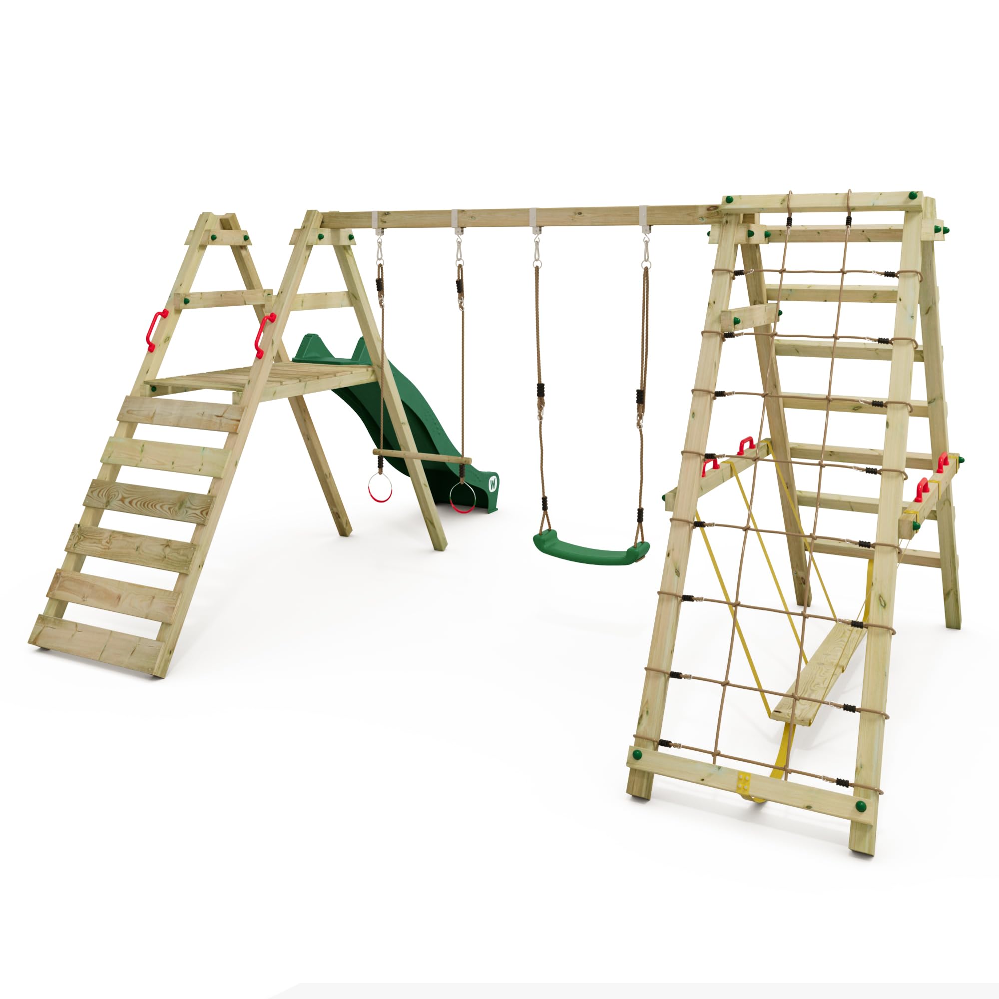 WICKEY Kinderschaukel Schaukelgestell Smart Shake mit Grüner Rutsche und Kletteranbau, Schaukel, Schaukelgerüst, Doppelschaukel, Holzschaukel für den Garten