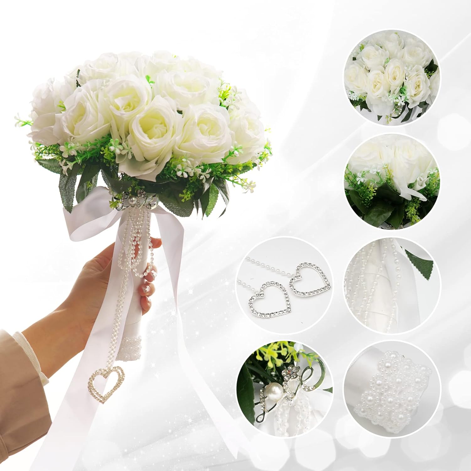 Wedding Bouquets for Bride, White Bridal Bridesmaid Wedding Flowers with Silk Ribbon and Rhinestones, Artificial Toss Rose for Civil Ceremony - Image 3