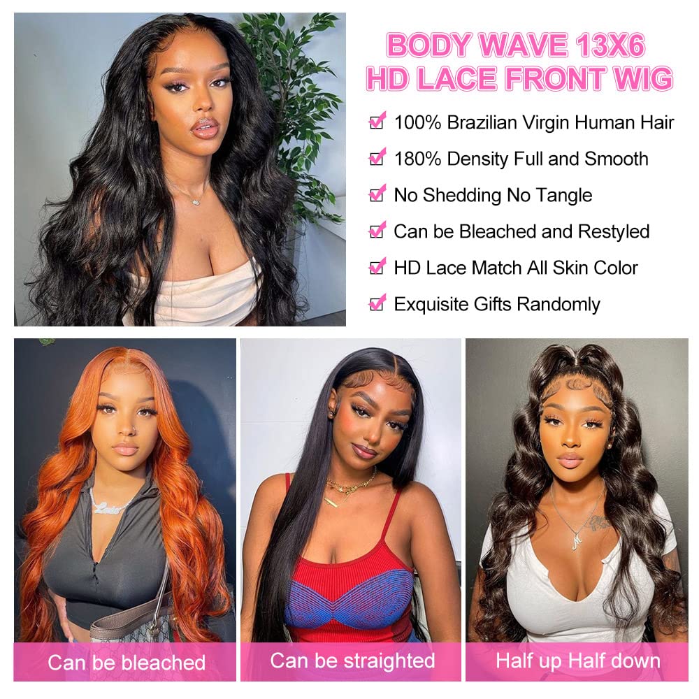 Body Wave Lace Front Wigs Human Hair 180% Density 13x6 HD Transparent Lace Frontal Wigs for Black Women 22inch Brazilian Virgin Human Hair Pre Plucked with Baby Hair Natural Hairline Product Image 3
