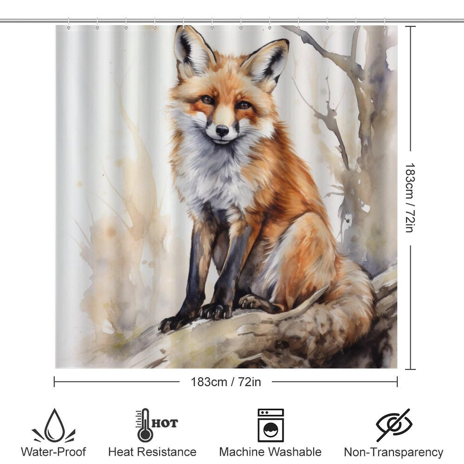 Duschvorhang-Set, Motiv: Aquarell, Fuchs, abstrakte Natur, Tier, Badezimmer-Dekoration, 4-teiliges Badezimmer-Zubehör-Set mit Teppichen, Vorhang und 12 Haken