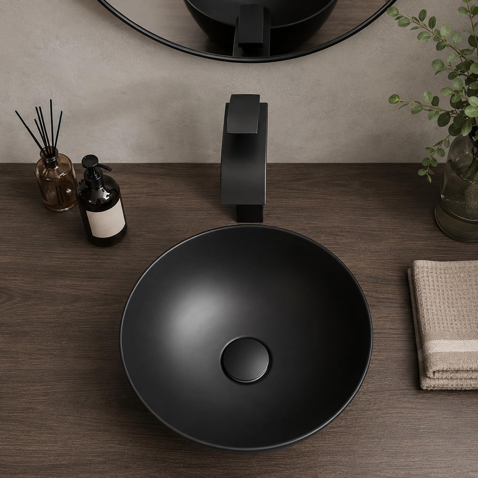 Lavabo de baño redondo negro – Lavabo de encimera de resina de piedra de 13 pulgadas con drenaje emergente, moderno lavabo de baño para el hogar y comercial