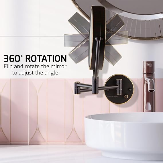 OVENTE Wall Mounted Lighted Makeup Vanity Mirror, 9 Hard Wired Double Sided 1X/7X Magnifying Bathroom Mirror, Dimmable LED Lights, 360 Rotation and 14 Extendable Arm, Rubbed Bronze MPWD3185BZ1X7X