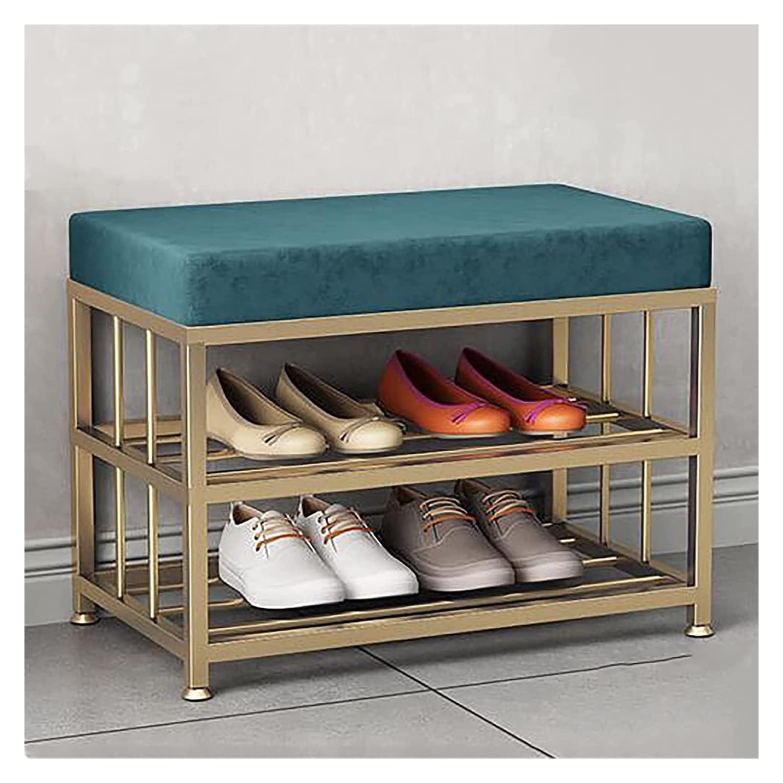 Meuble à chaussures capitonné 60 cm avec banc rembourré et étagère en métal