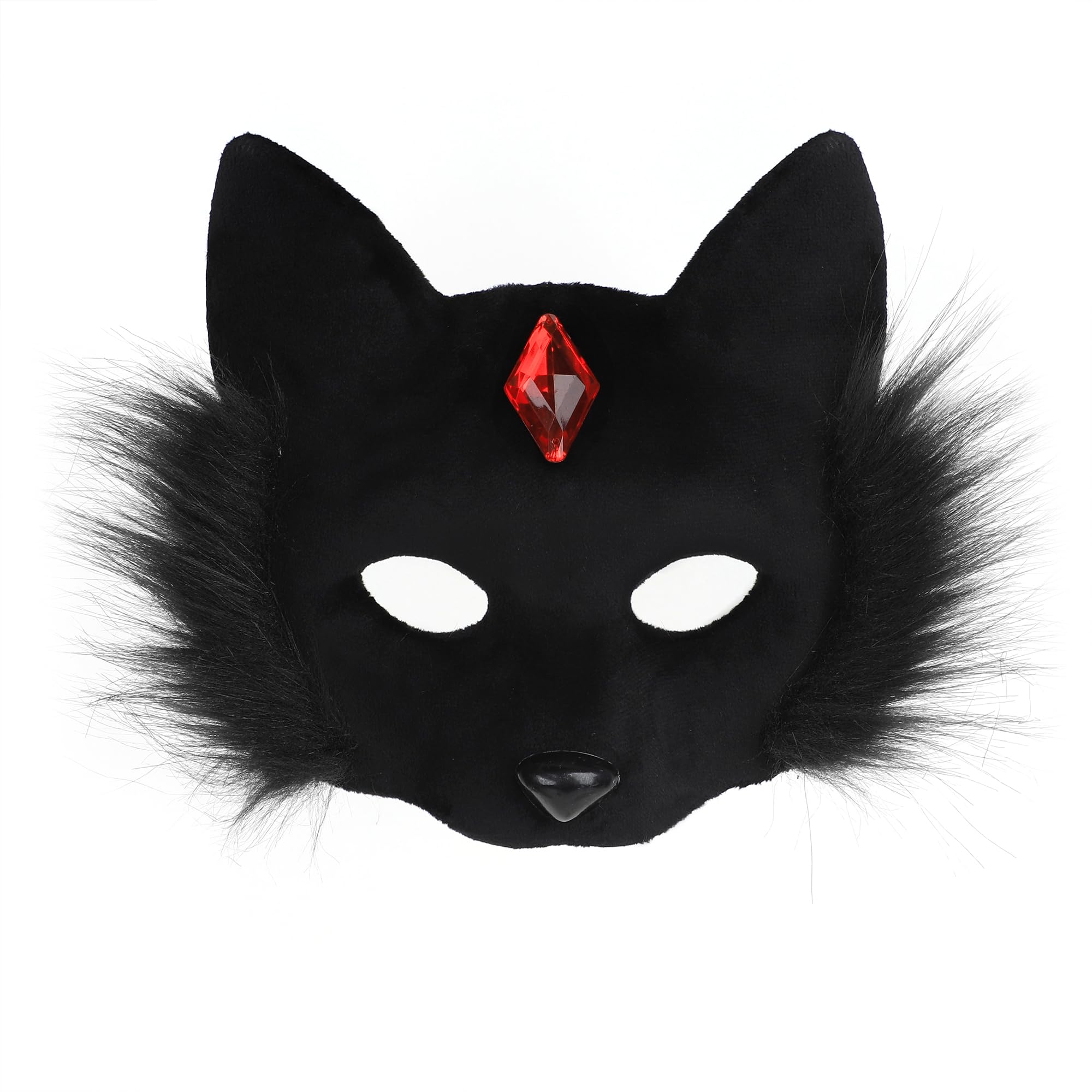 TINAYAUE Cute Fox Mask Half Face Cat Mask with Furry Hem and Red Gem Faux Fur Animal Cosplay Masquerade Halloween Christmas Mardi Gras Fancy Dress Party Costume Props for Women (Black)