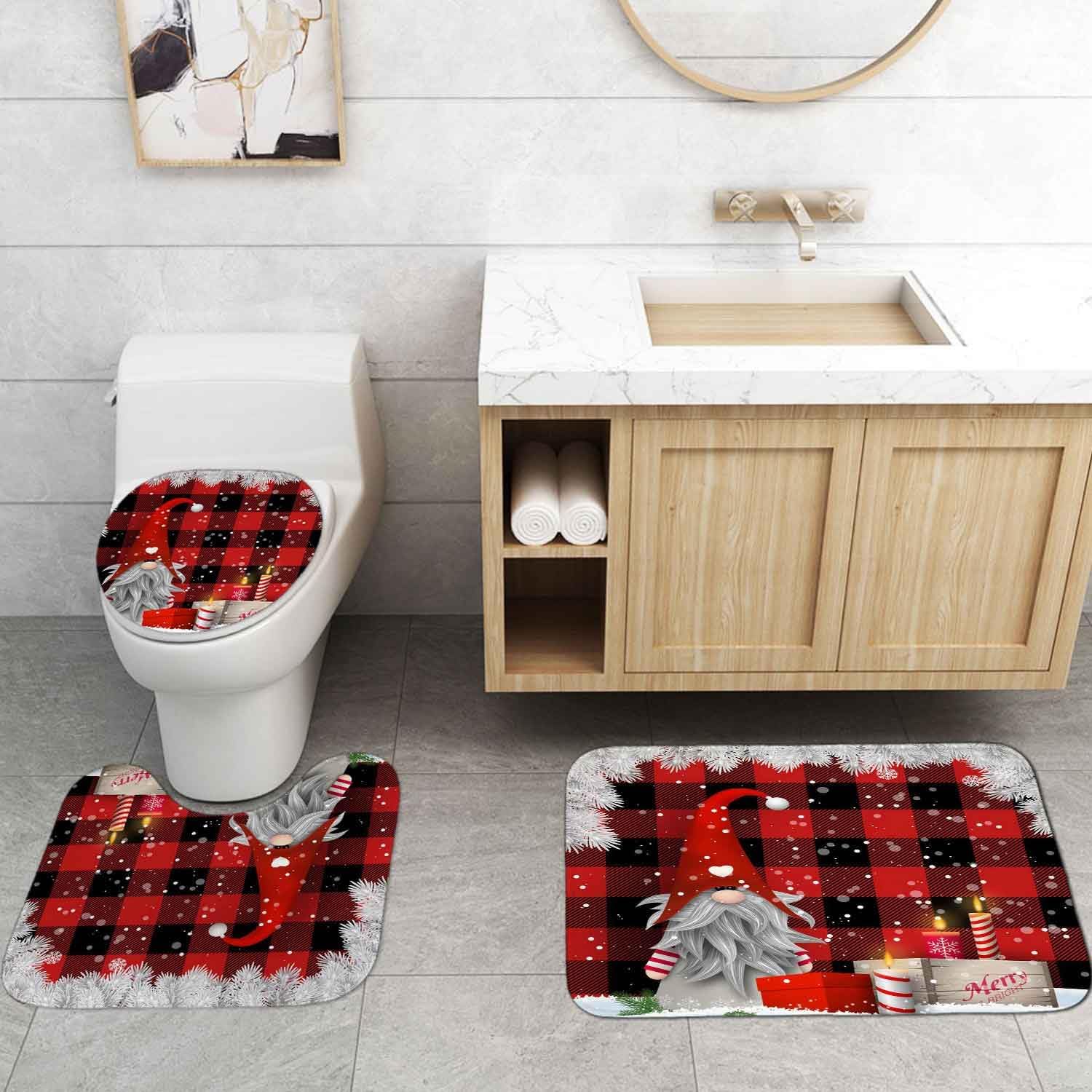4PCS Christmas Shower Curtain Sets with Rugs, Waterproof Fabric Shower Curtain, Cute Gnomes White Fir Snowflake Xmas Gifts Winter New Year Holiday Red and Black Buffalo Plaid Bathroom Decor