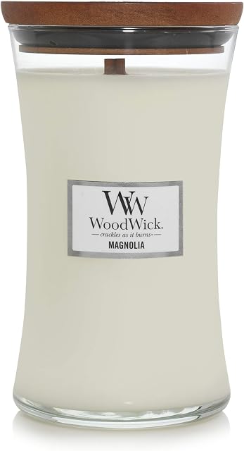 Duża świeca zapachowa WoodWick w szkle klepsydrym knotem, magnolia, czas palenia do 130 godzin