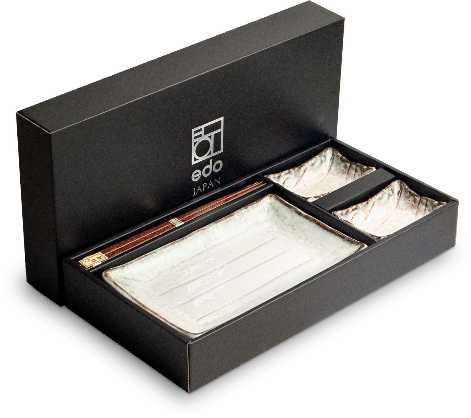 Sushi Set SHIRO weiß Porzellan Sushiset Geschenkset hergestellt in Japan zwei Sushi Teller zwei Schälchen und Essstäbchen 21,7 x 13,5 cm