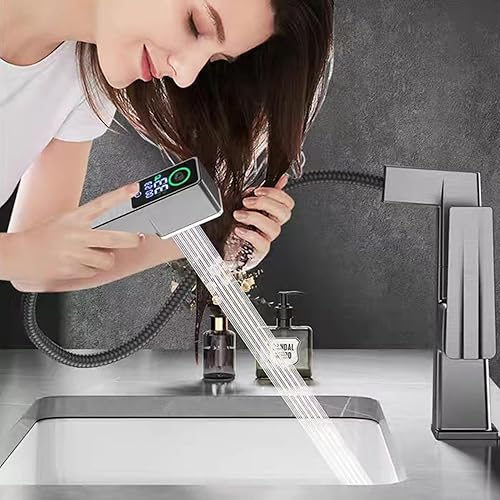 Miniatura 2 de Grifo de baño con rociador extraíble, pantalla de temperatura, lavabo de latón, grifo mezclador frío caliente, corriente de agua de un solo orificio