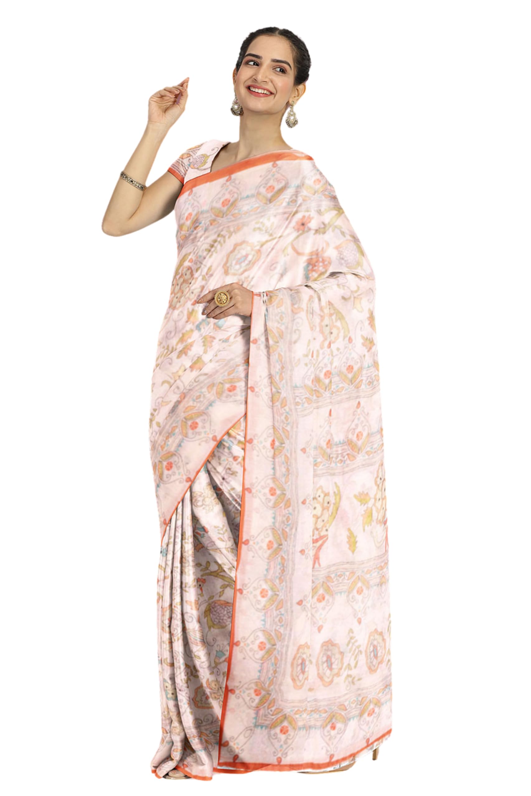 avishya Kalamkari Printed Malai Cotton Saree | Stylish and Traditional Saree With Unstitched Blouse | For Daily Wear Office and Work Wear Saree (Cream)-picture-3