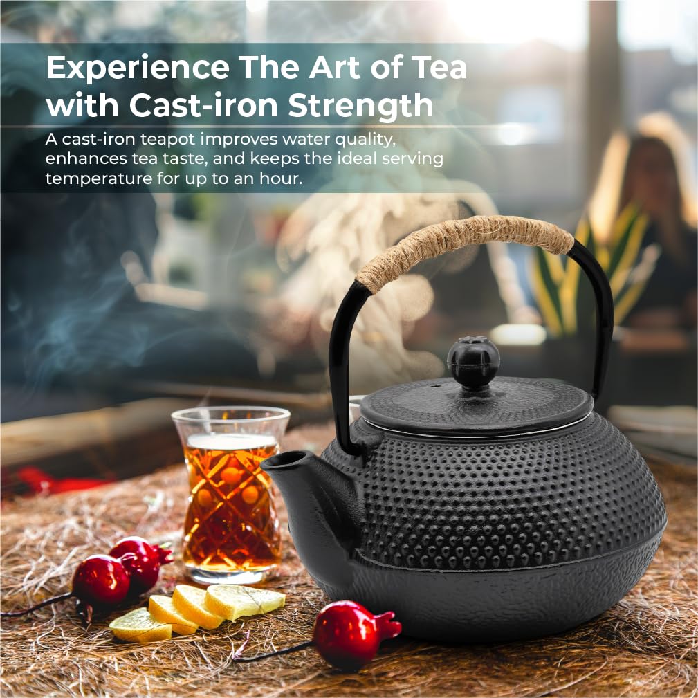 Zen Minded Teiera tradizionale giapponese in ghisa Tetsubin, set da 2 tazze, sottopentola, manico in corda e filtro in acciaio inox, per tè verde e infusi, 800 ml, motivo arare nero