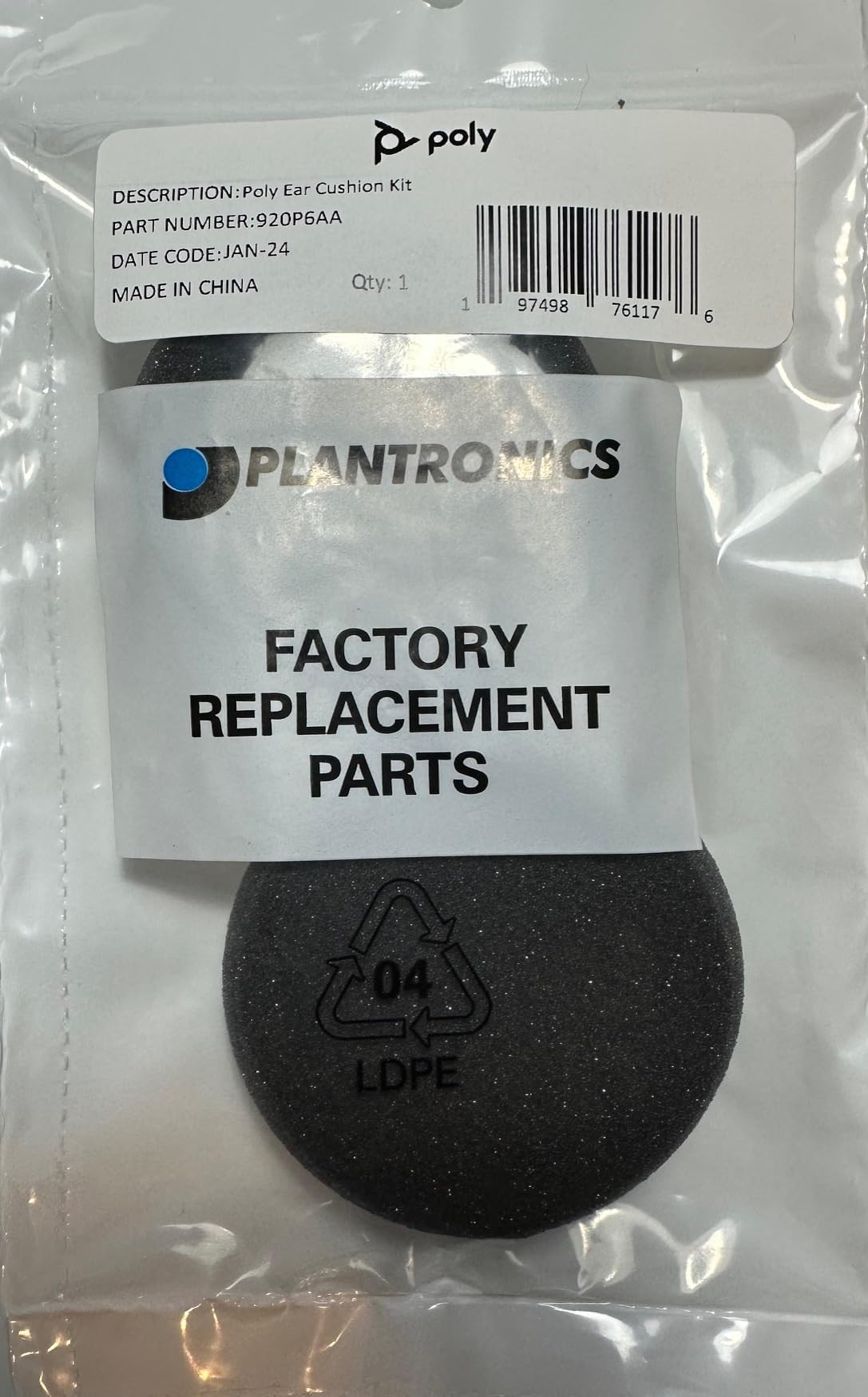HP/Poly Ear Cushion Kit - 1 Pair - for Plantronics Encore and Supra Models H51,H51N,H61,H61N,H91,H101N,SP04,SP05,PLX500, charcoal