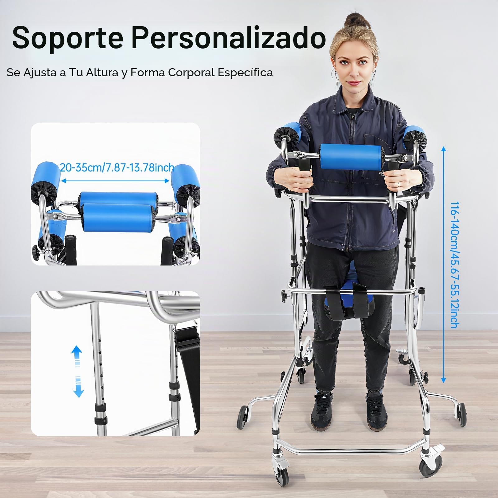 Andador para personas mayores, marco de rehabilitación hemiplejía con 10 niveles ajustables, altura de 5 niveles de ancho, andador para adultos, 8 ruedas con frenos, para personas de 150-180 cm