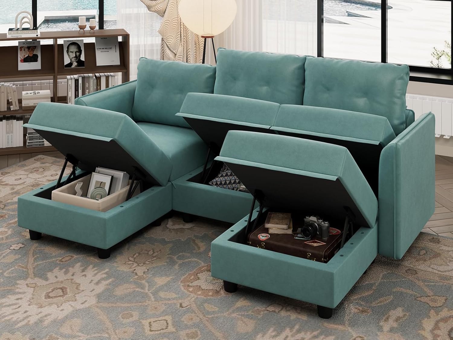 LLappuil Modular Sectional Sofa, Convertible U Shaped Couch with Storage, Faux Leather Fabric Waterproof Sectional Couch for Living Room, 86.2" Width, 5 Seat Modular Sofa, Aqua Blue