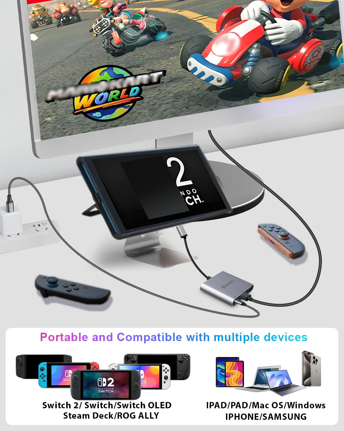 Switch 2 Dock HDMI2.1 Aggiornato V22 per Nintendo Switch 2 Compatibile con l'ultimo firmware V22+/Plug&Play/Usbc a HDMI Adapter 4k120Hz per laptop/MacBook