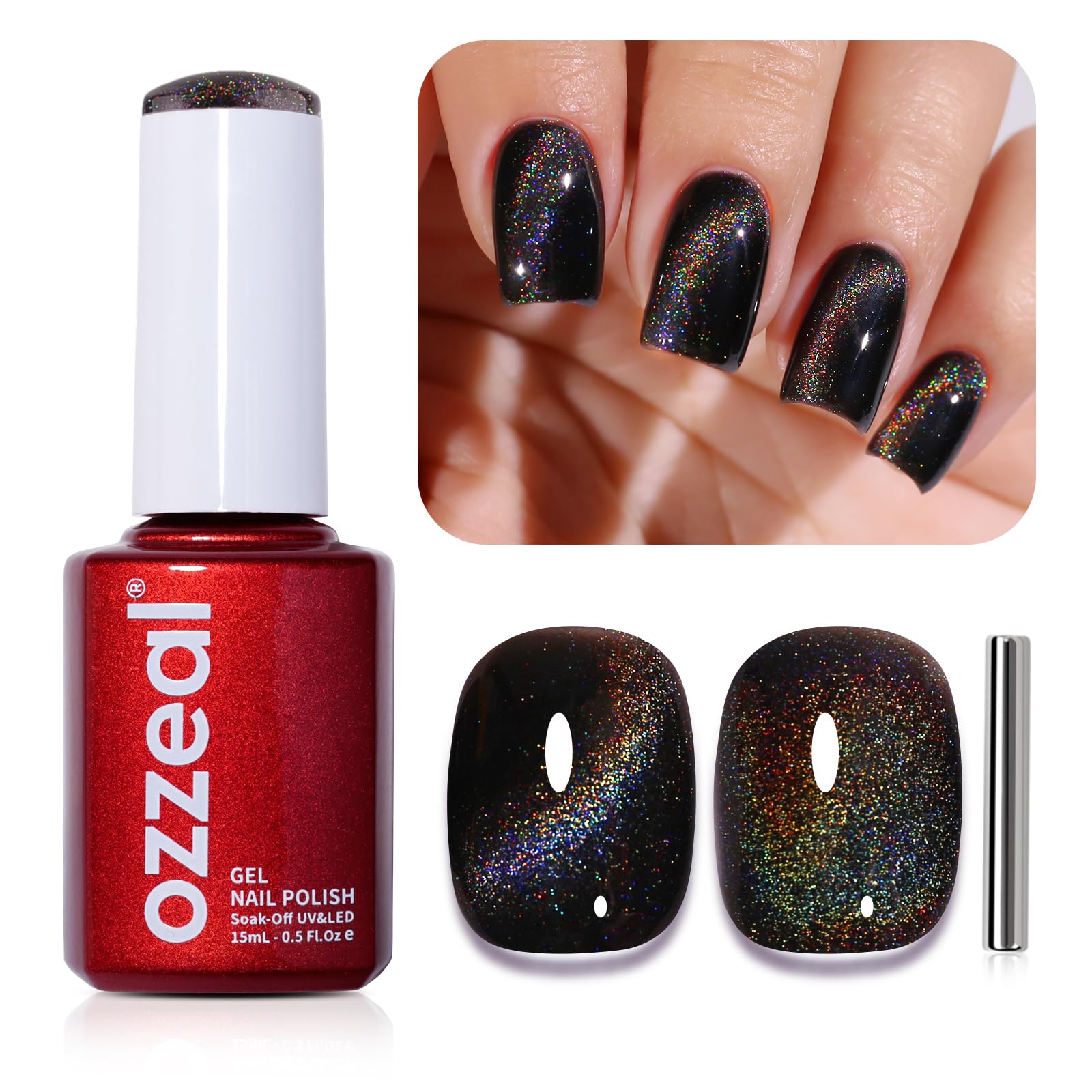 Cat Eye Gel Nail Polish, 0.5 Fl Oz Black Rainbow Magnetic Gel Nail Polish With Magnet UV LED Holographic Glitter Diamond Shimmer Sparkle DIY Manicure