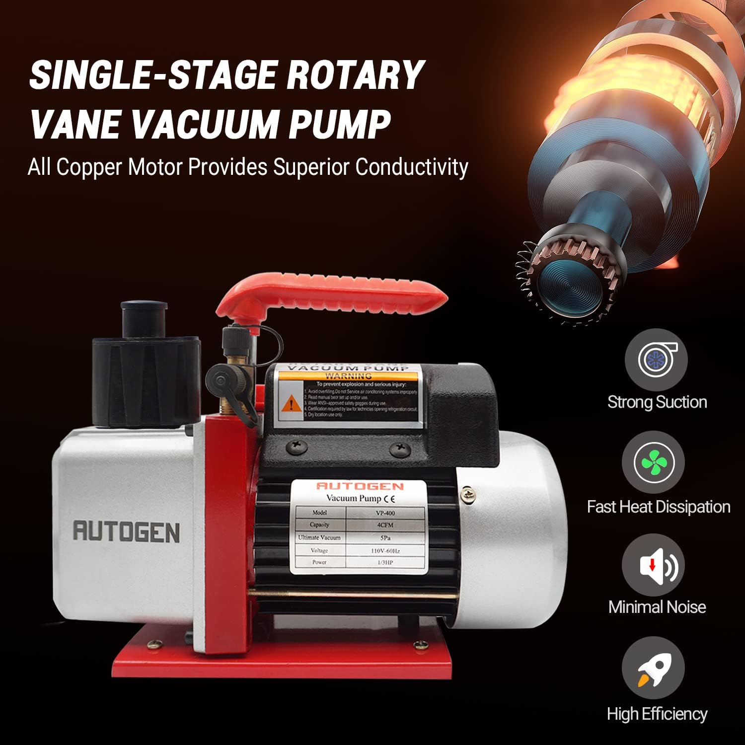 AUTOGEN Single-Stage Rotary Vane Vacuum Pump 4CFM 5 Pa 1/3HP for Air Conditioner Refrigerant HVAC Air Tool R410a 1/4" Flare Inlet Port